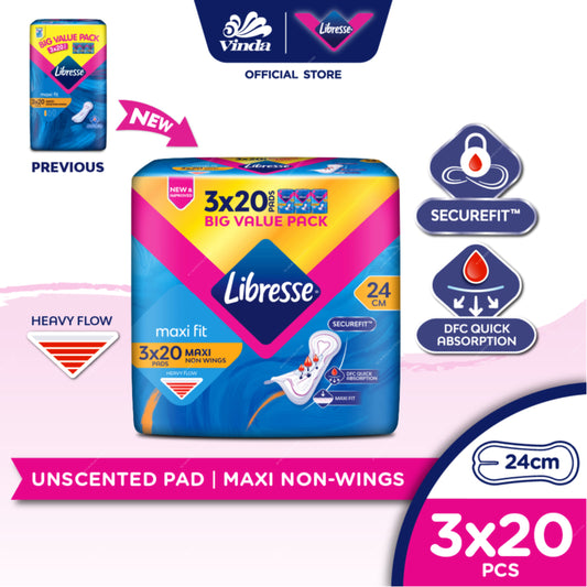 Libresse maxi fit pads packaging with product details and Vinda logo on a white background  m2m order solutions