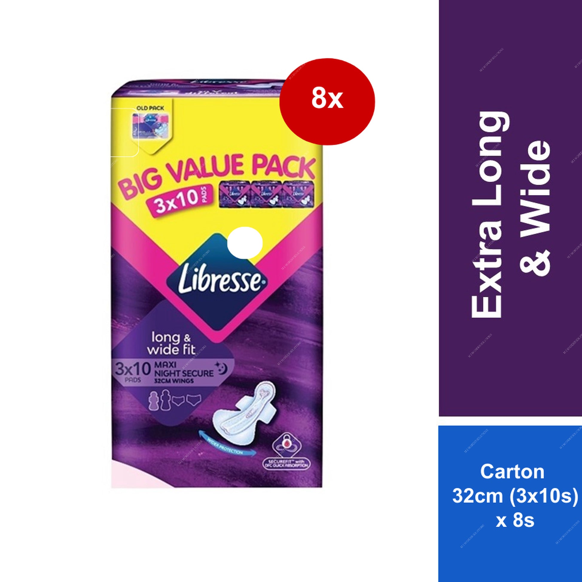 Libresse extra long and wide fit pads packaging with a purple background  m2m order solutions