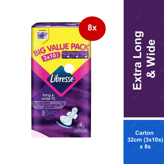Libresse extra long and wide fit pads packaging with a purple background  m2m order solutions